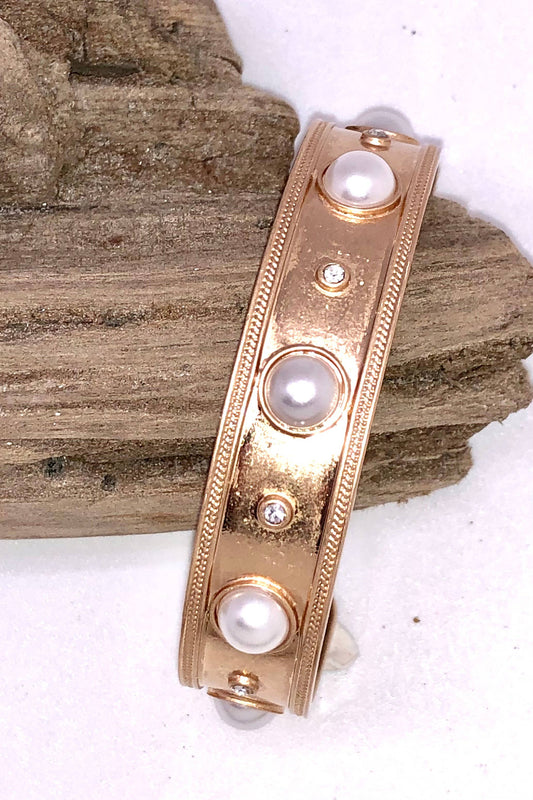 Bracelet Cuff Alloy Plated with Glass Pearl Dots 7-8”