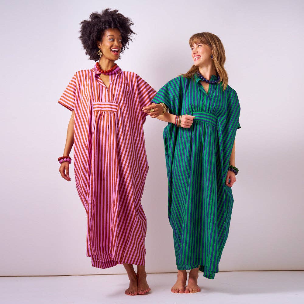 Margot Stripe Kaftan Navy + Kelly Green - Internal Drawstring Fits Most