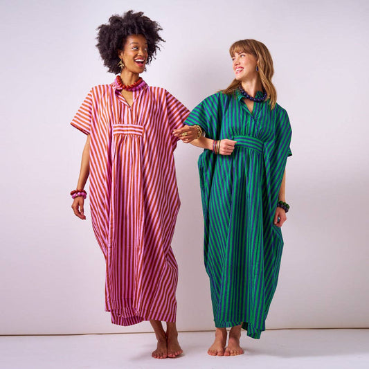 Margot Stripe Kaftan Navy + Kelly Green - Internal Drawstring Fits Most