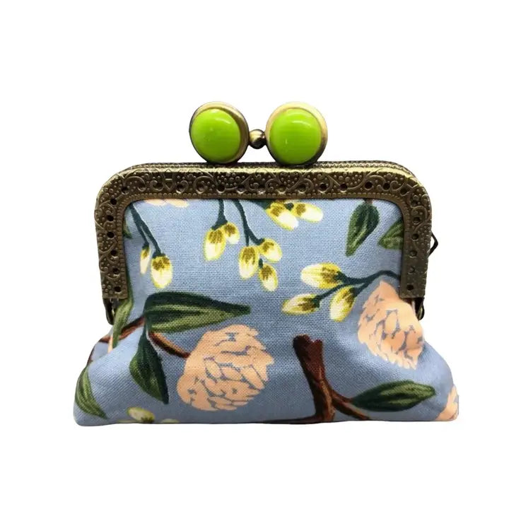 Mini Clutch Coin Purse - Peonies Blue / Lime