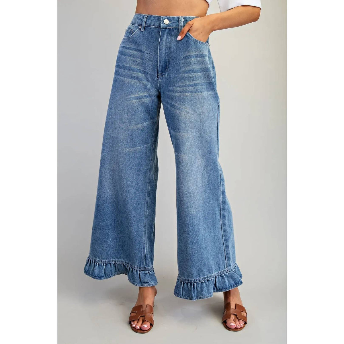 Mineral Washed Ruffle Hem Jeans: Denim