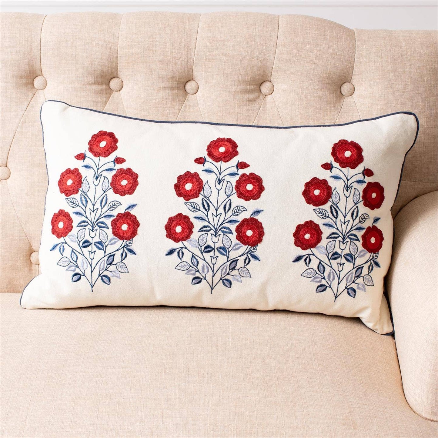 Lumbar Pillow Red White And Blue Embroidered