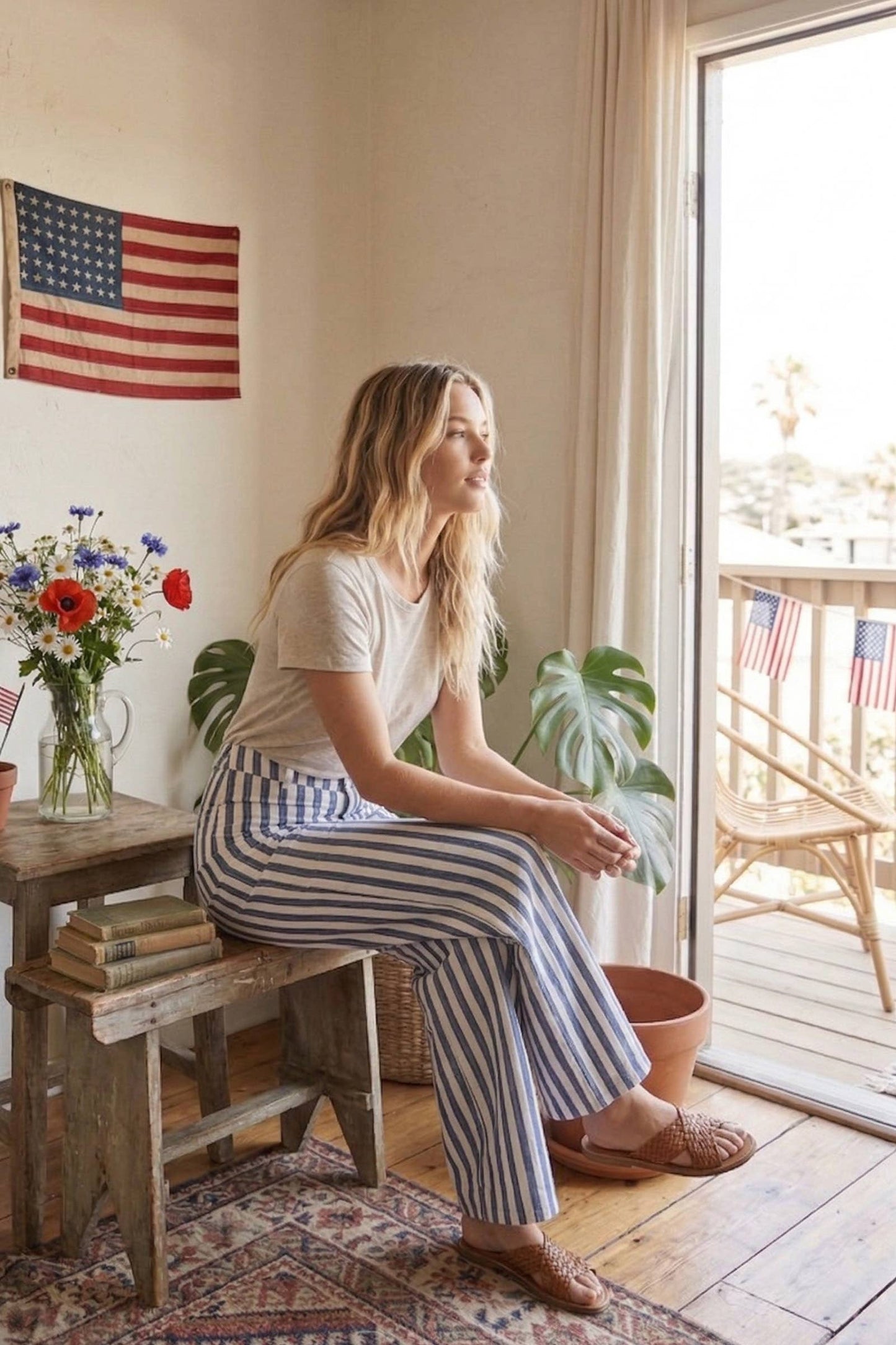 Striped Non Stretch Wide Leg Denim Pants: BLUE/WHITE