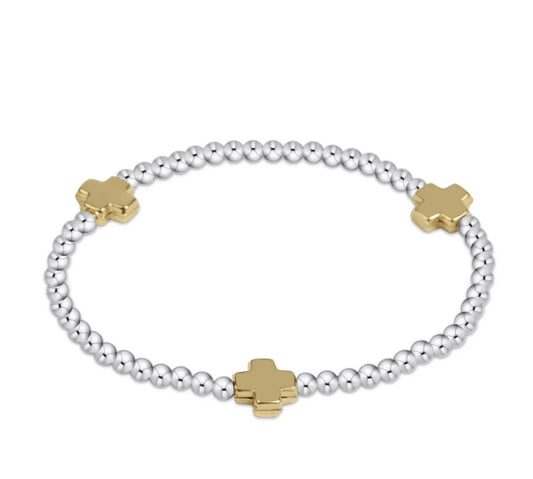 Extends Signature Cross Sterling Mixed Metal Pattern 3mm Bead Bracelet Gold