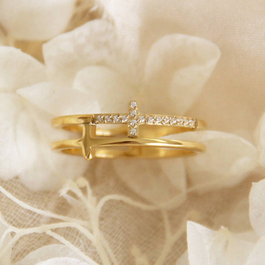 Pave Double Cross Ring: Yellow Gold