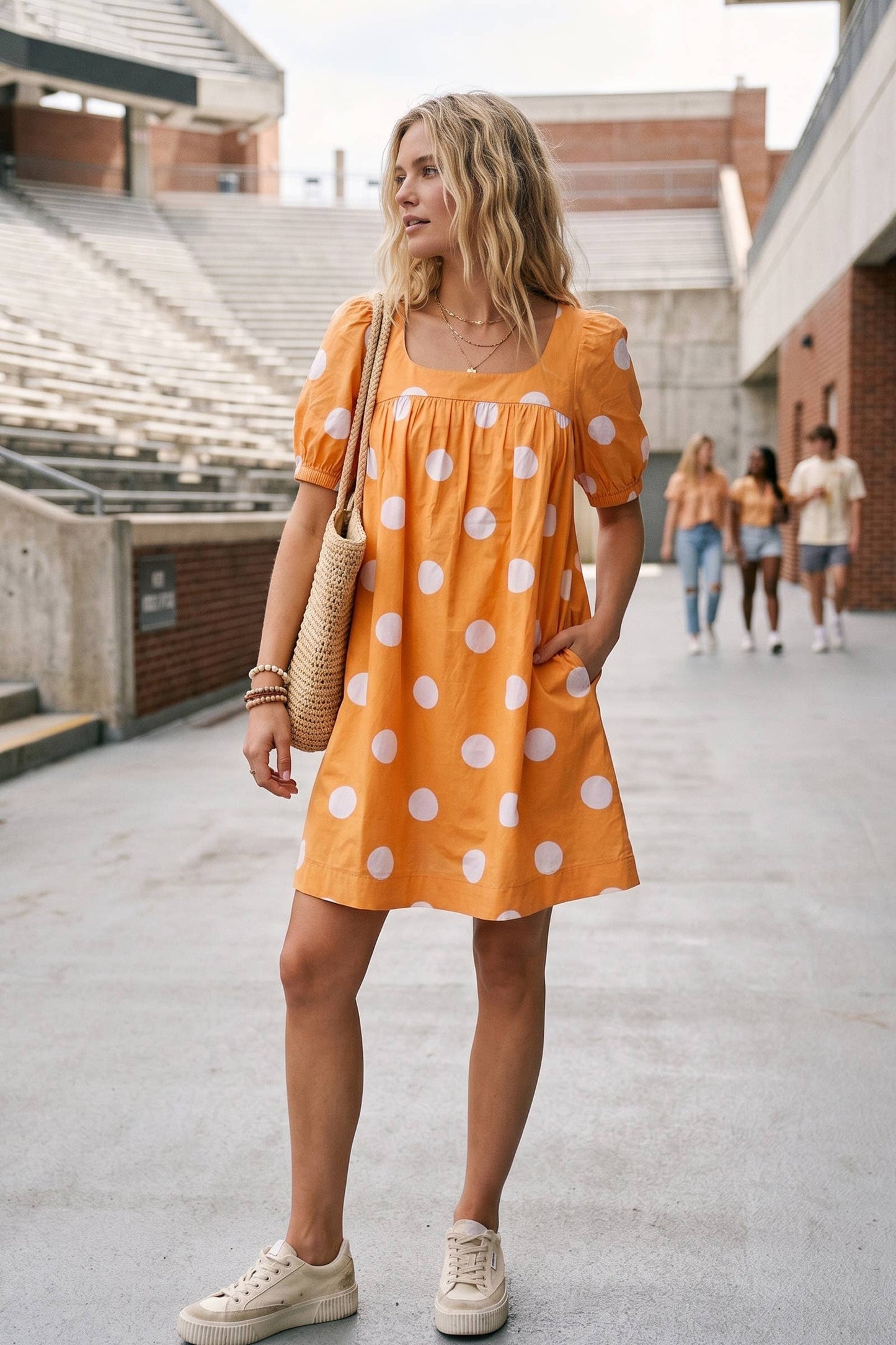 Gameday Polka Dot Puff Sleeve Dress: Orange/White