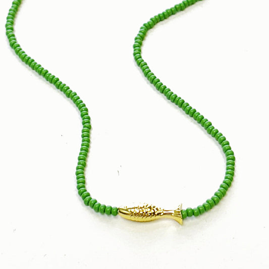 Lucky Fish Beaded Necklace: Green