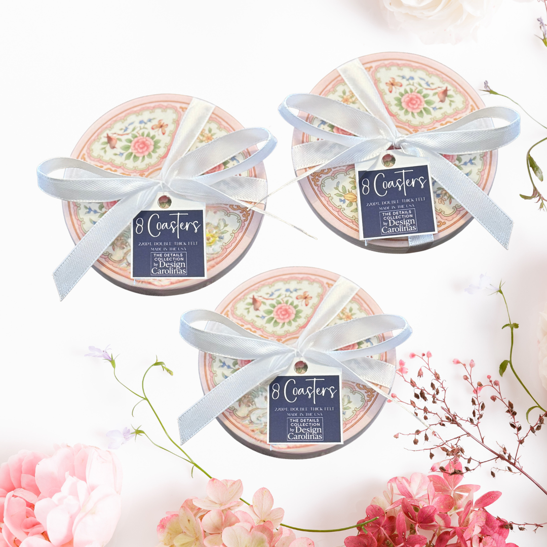 Antique Rose Medallion Pink & Gold Floral Coaster Set: 8