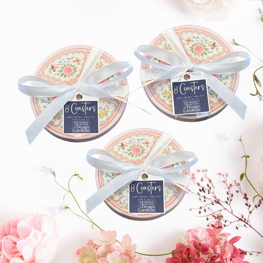 Antique Rose Medallion Pink & Gold Floral Coaster Set: 8