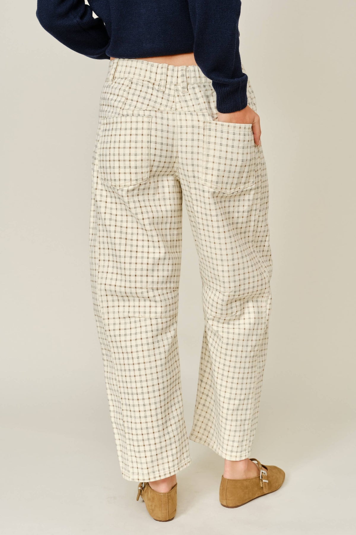 OXFORD PLAID BARREL PANTS BEIGE PLAID