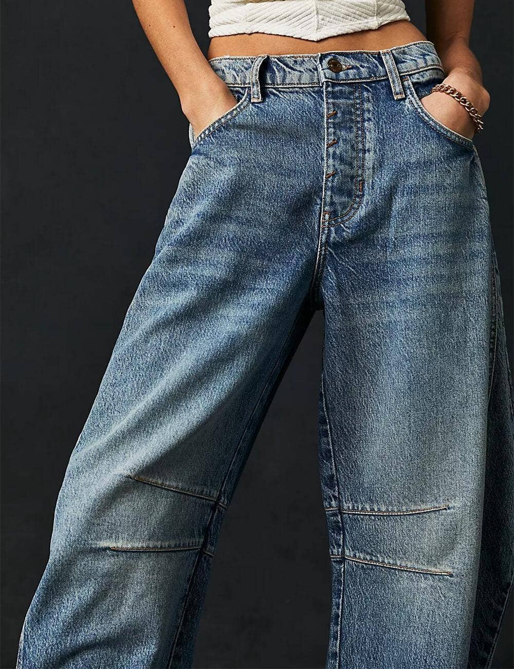 Ladies Mid Rise Wide Leg Barrel Jeans Denim Blue