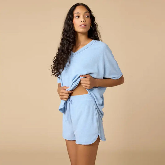 Summer Terry Relaxed V-Neck with Short Set-Sky Blue