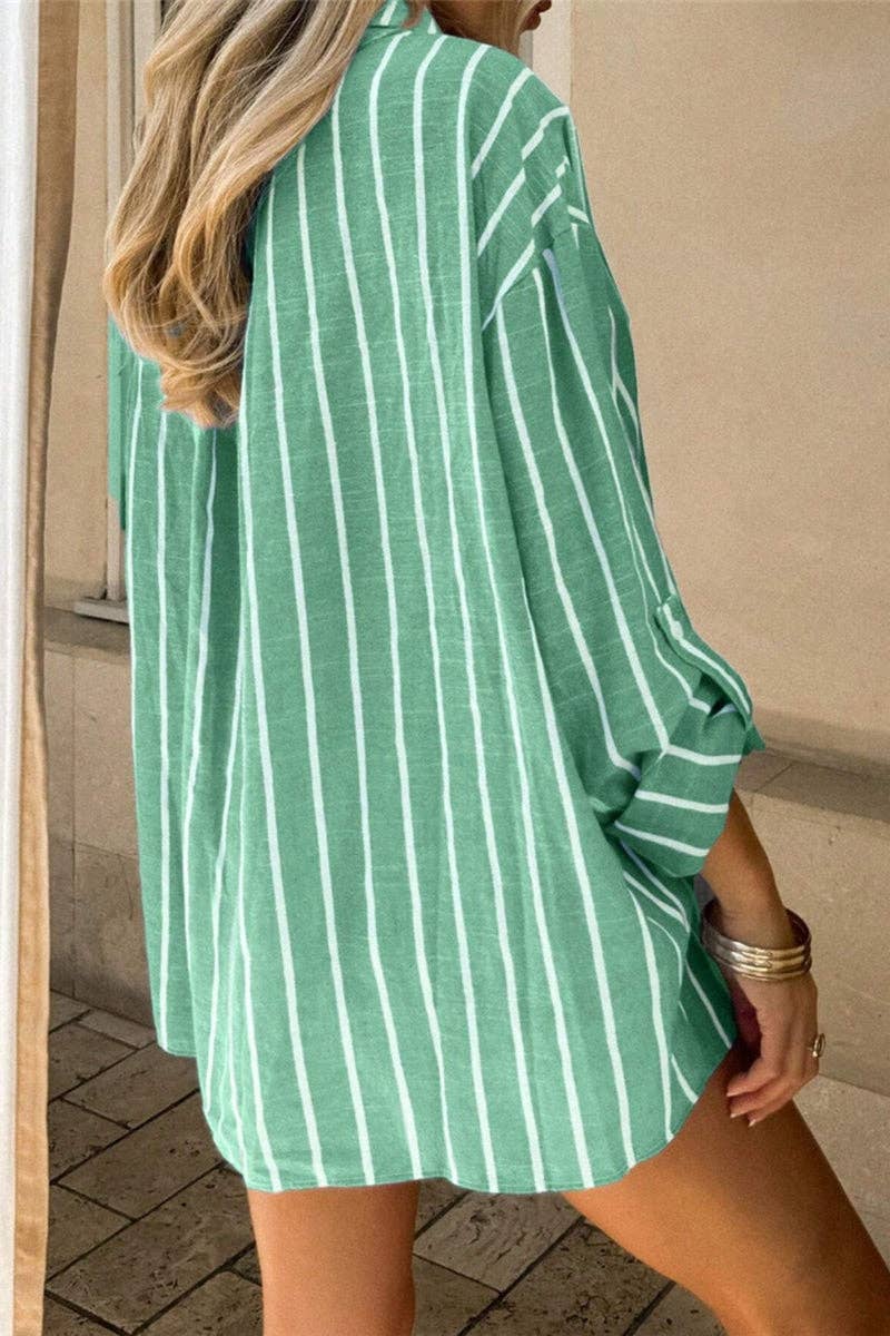 Striped Button-Up T-Shirt: Green