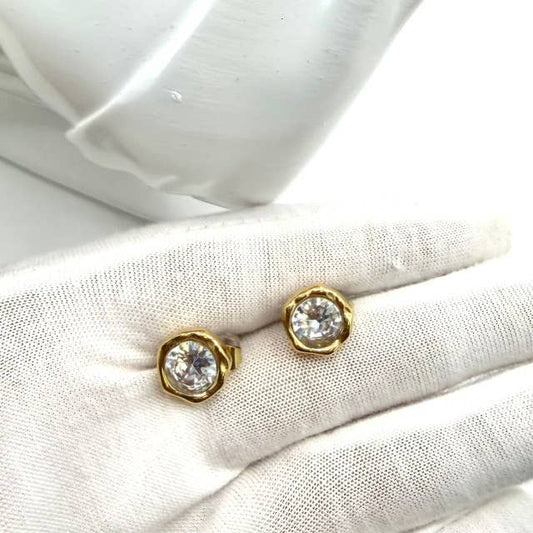 Hand-casted Crystal Post Gold Earrings