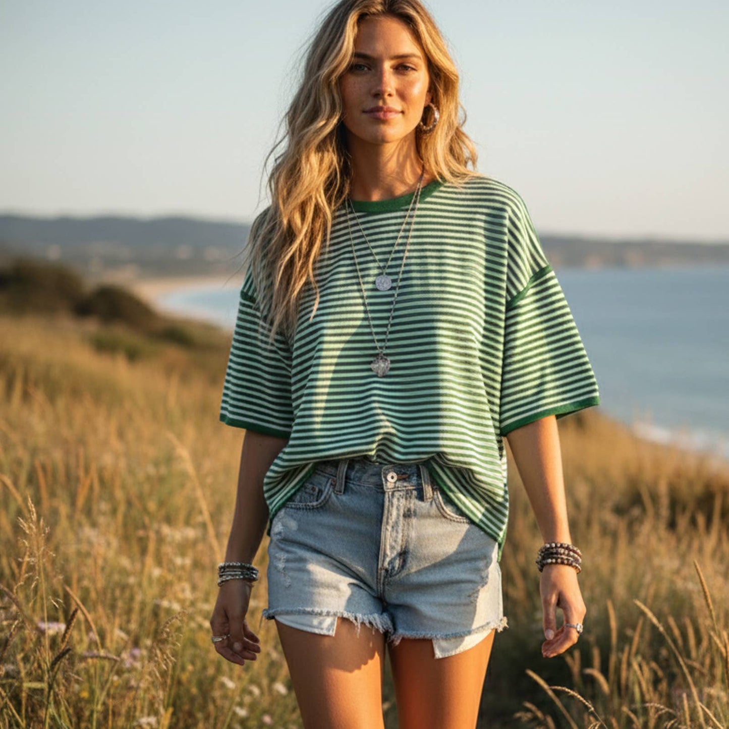 Striped Oversized Knit Top Green