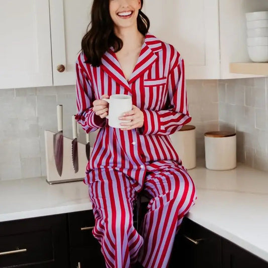 Lilac Striped Satin Pajama Set