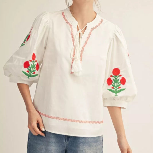 Embroidered Detail Off White Top