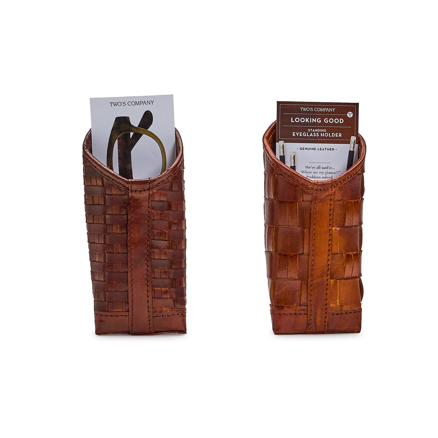 Chestnut Woven Genuine Leather Standing Triangular Weighted Eyeglass Case