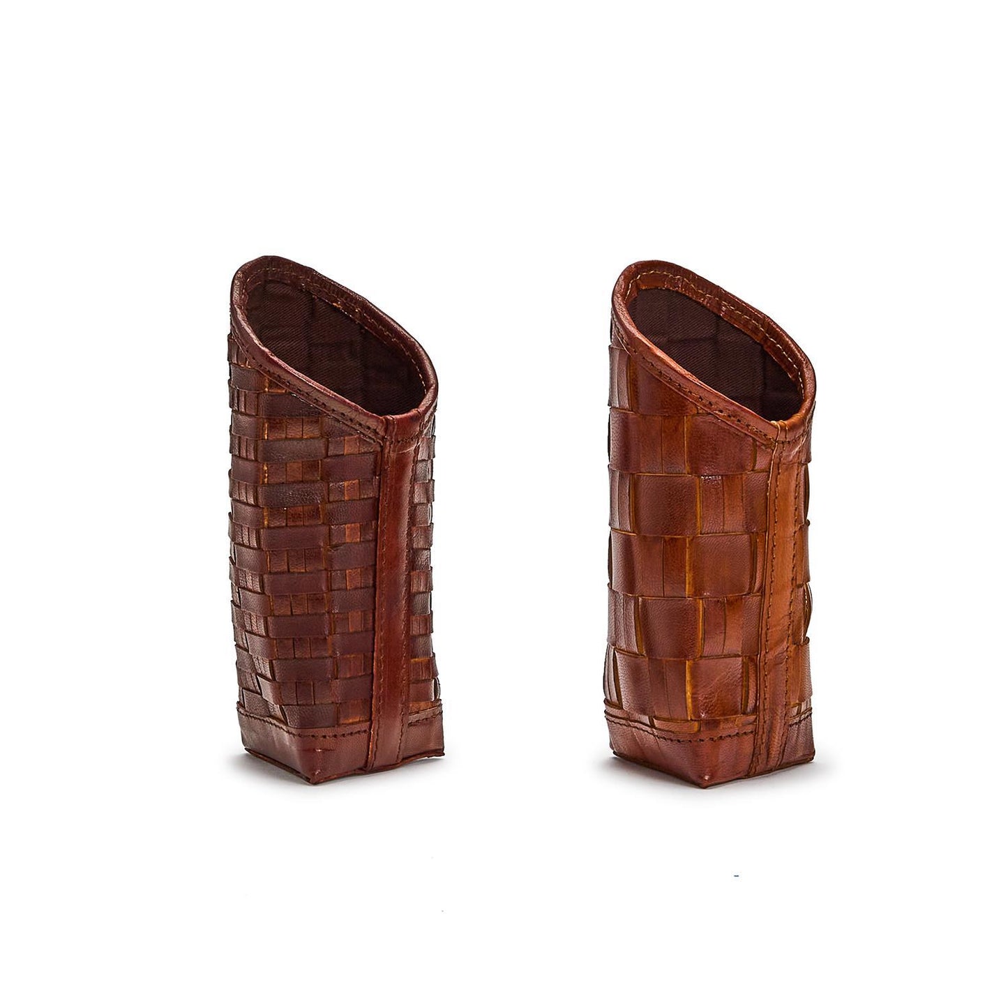Chestnut Woven Genuine Leather Standing Triangular Weighted Eyeglass Case