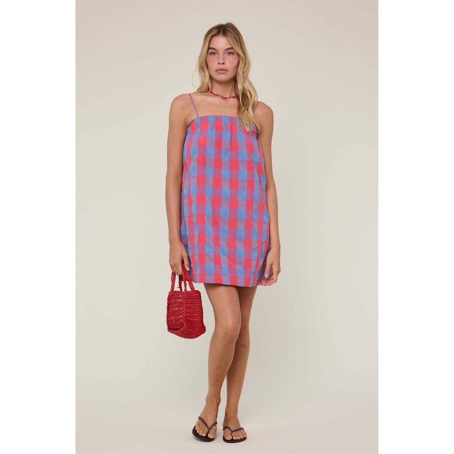 Plaid Cami Mini Dress: CHERRY/BLUE