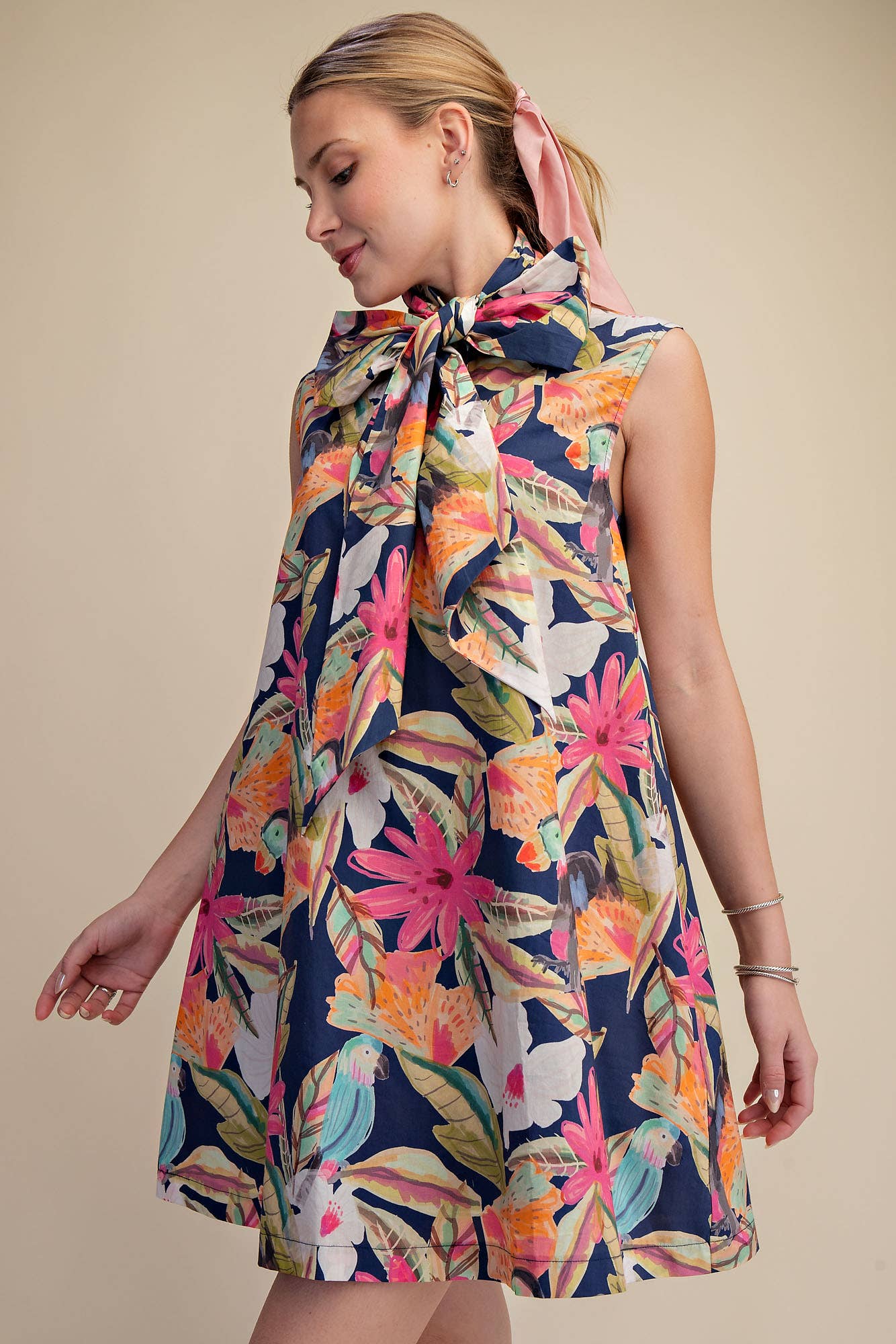 Tie Neck Sleeveless Floral Mini Dress: Navy