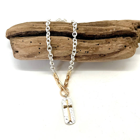 Necklace Alloy Plated LinkChain w/ Gold Toggle w/Cross Drop