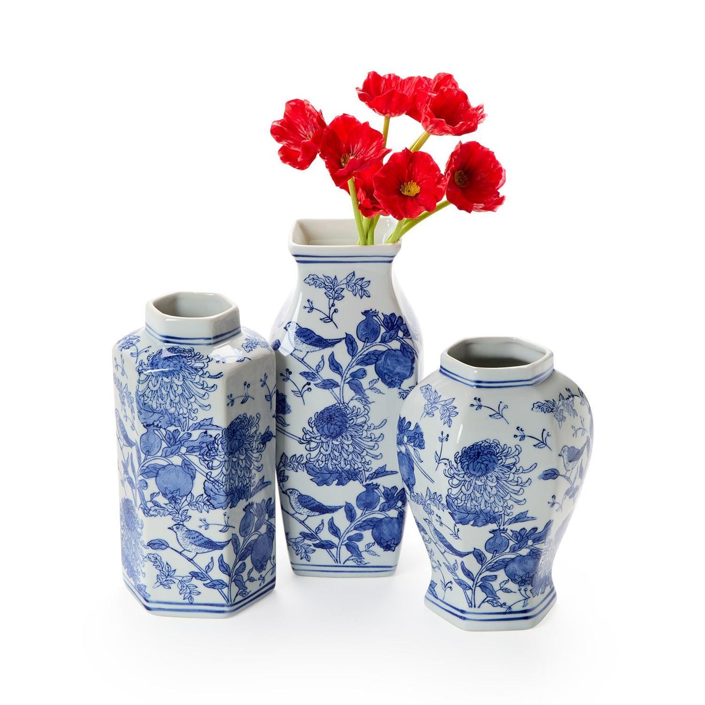 Chrysanthemum Hand-Painted Blue and White Chinoiserie Vases