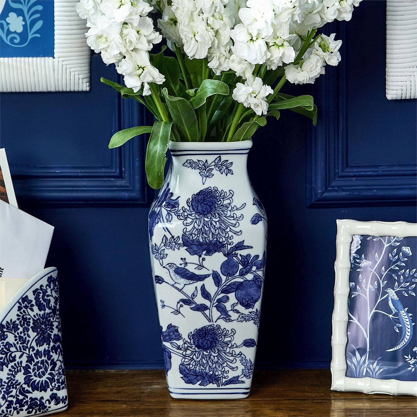 Chrysanthemum Hand-Painted Blue and White Chinoiserie Vases