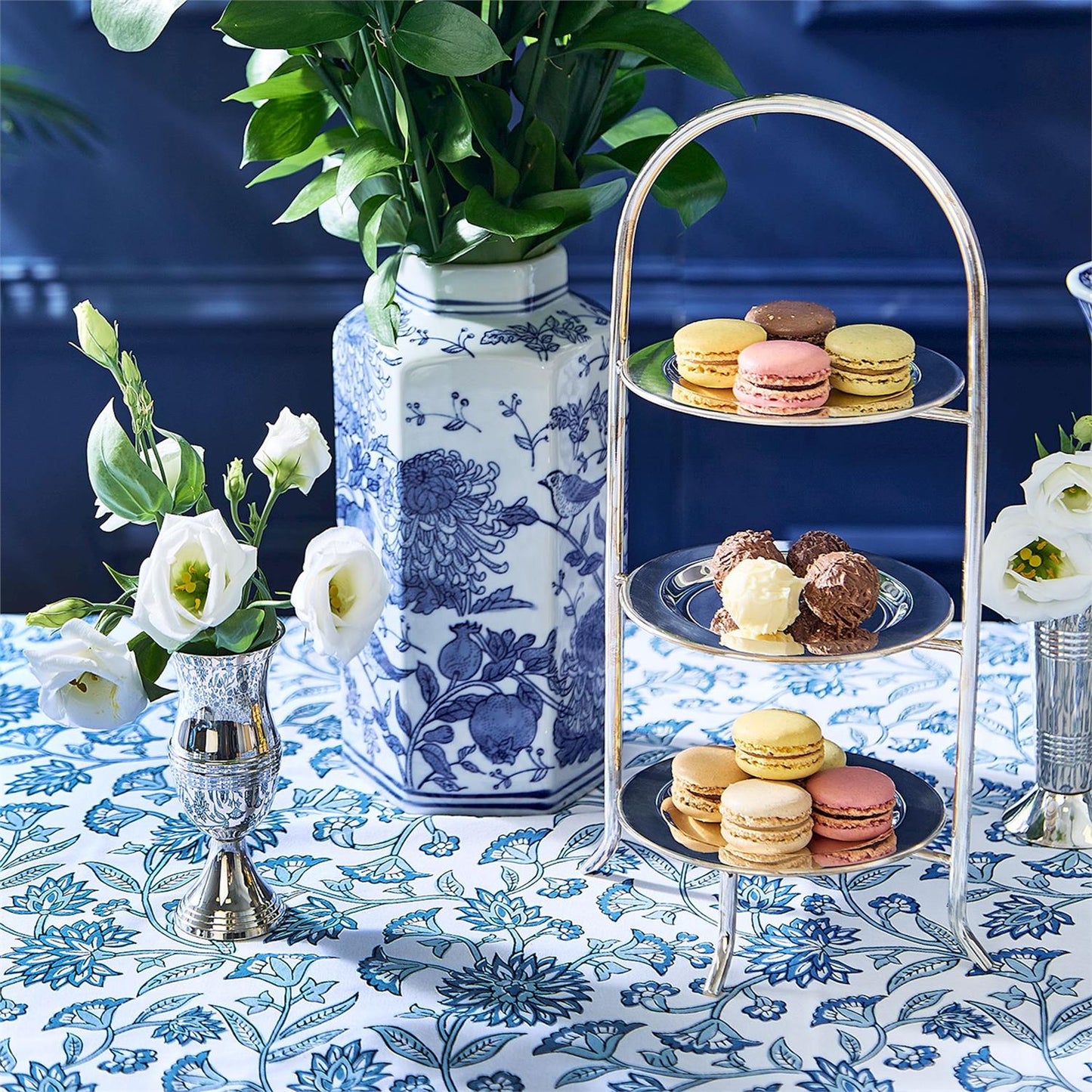 Chrysanthemum Hand-Painted Blue and White Chinoiserie Vases