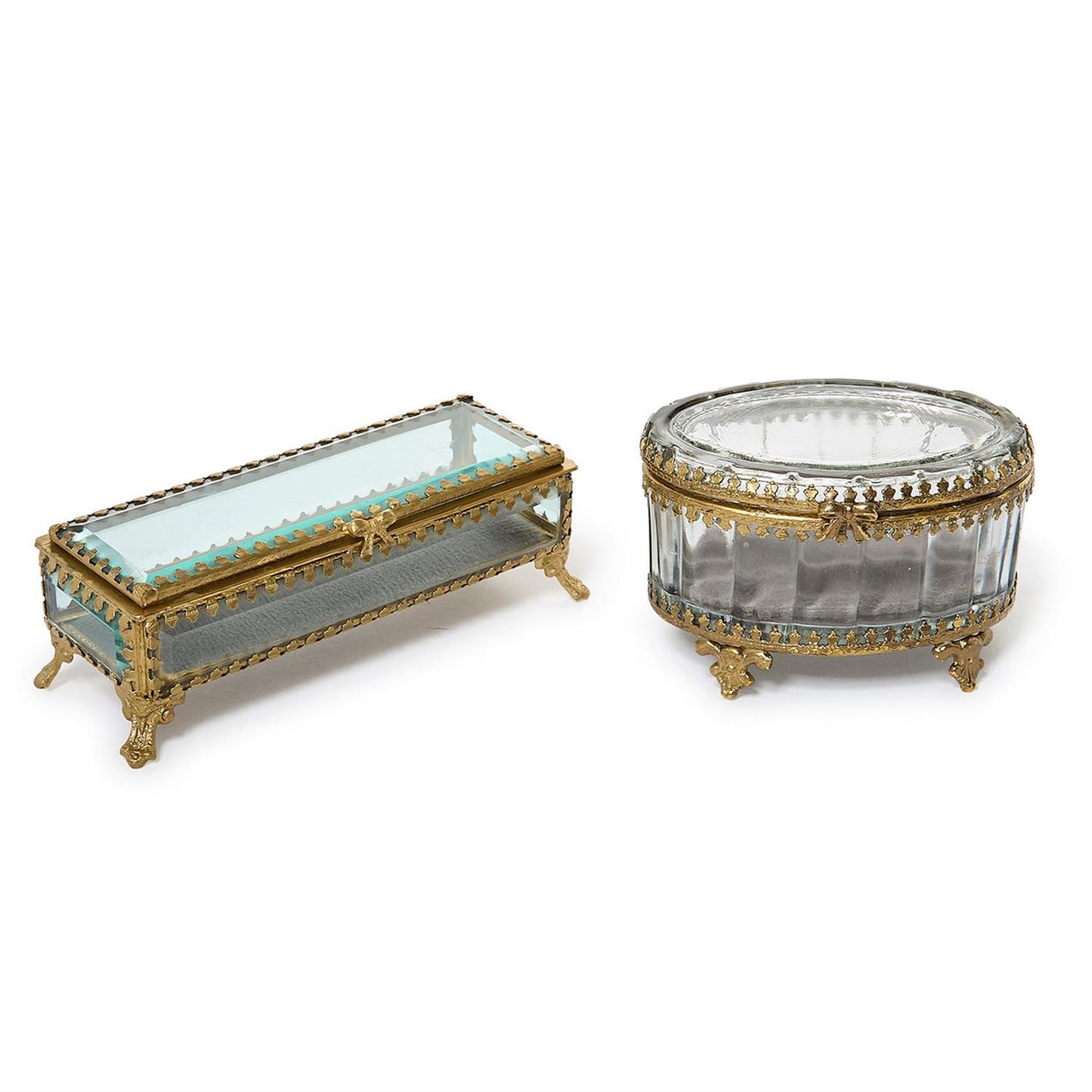 Glass and Brass Hand-Crafted Jewelry Box with Gold Antique Trim
