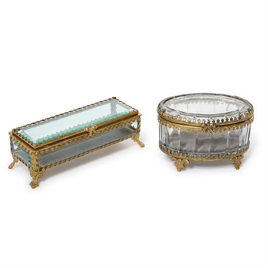 Glass and Brass Hand-Crafted Jewelry Box with Gold Antique Trim