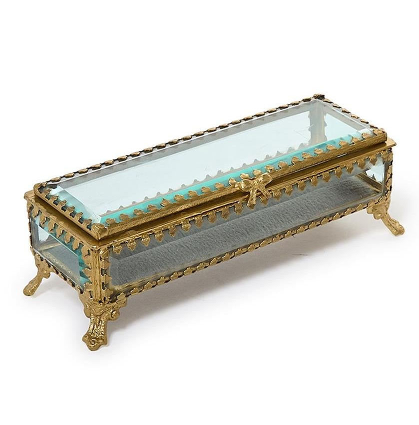 Glass and Brass Hand-Crafted Jewelry Box with Gold Antique Trim