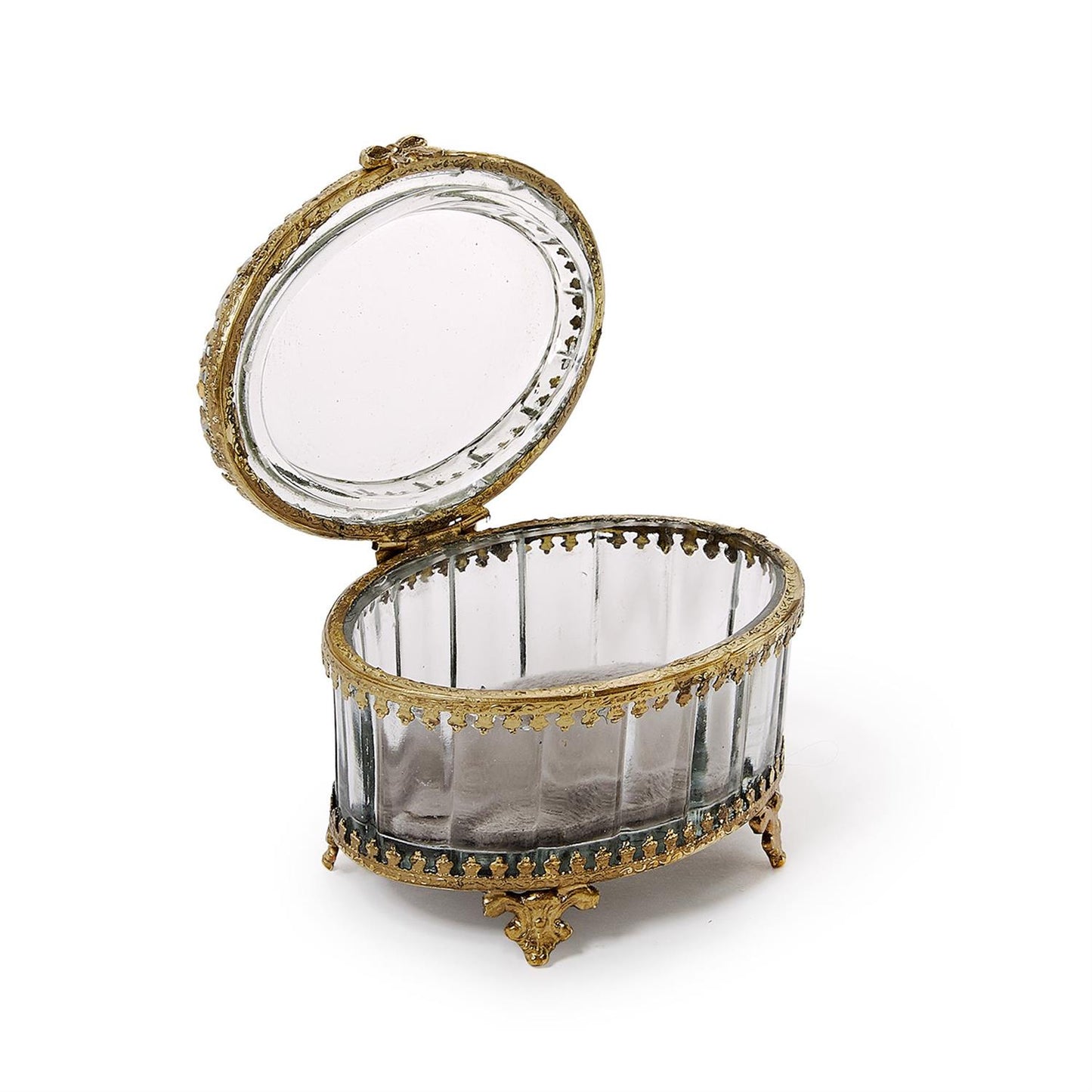 Glass and Brass Hand-Crafted Jewelry Box with Gold Antique Trim