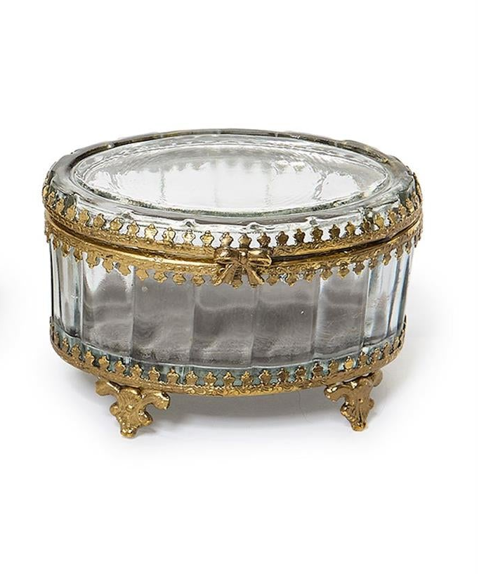 Glass and Brass Hand-Crafted Jewelry Box with Gold Antique Trim