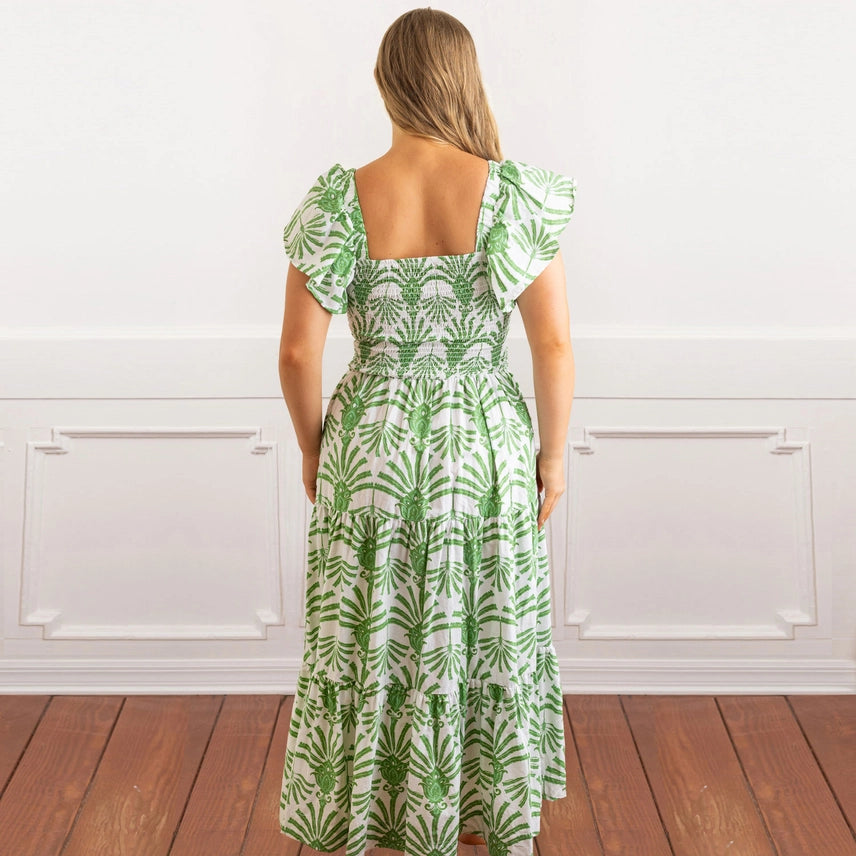 Green Deco Palm Smocked Flutter Sleeve Top & Skirt Set