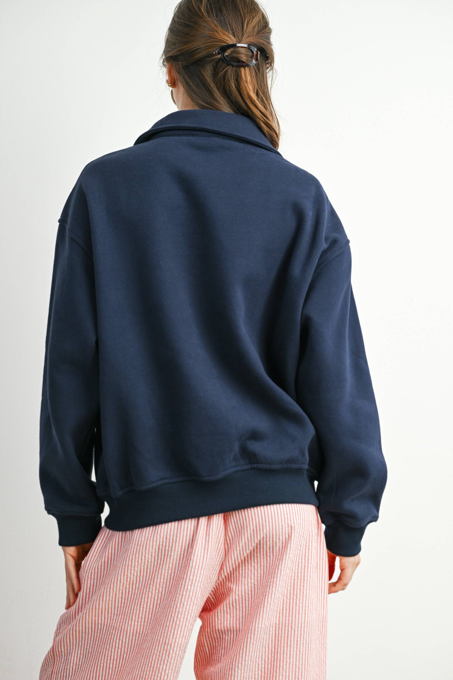 Loose Collared Quarter-Zip Top - NAVY