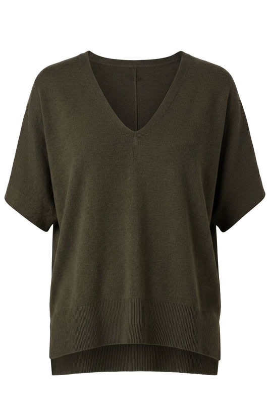 Short Sleeve V-Neck Dolman Popover Sweater w/Step Hem Hunter Green