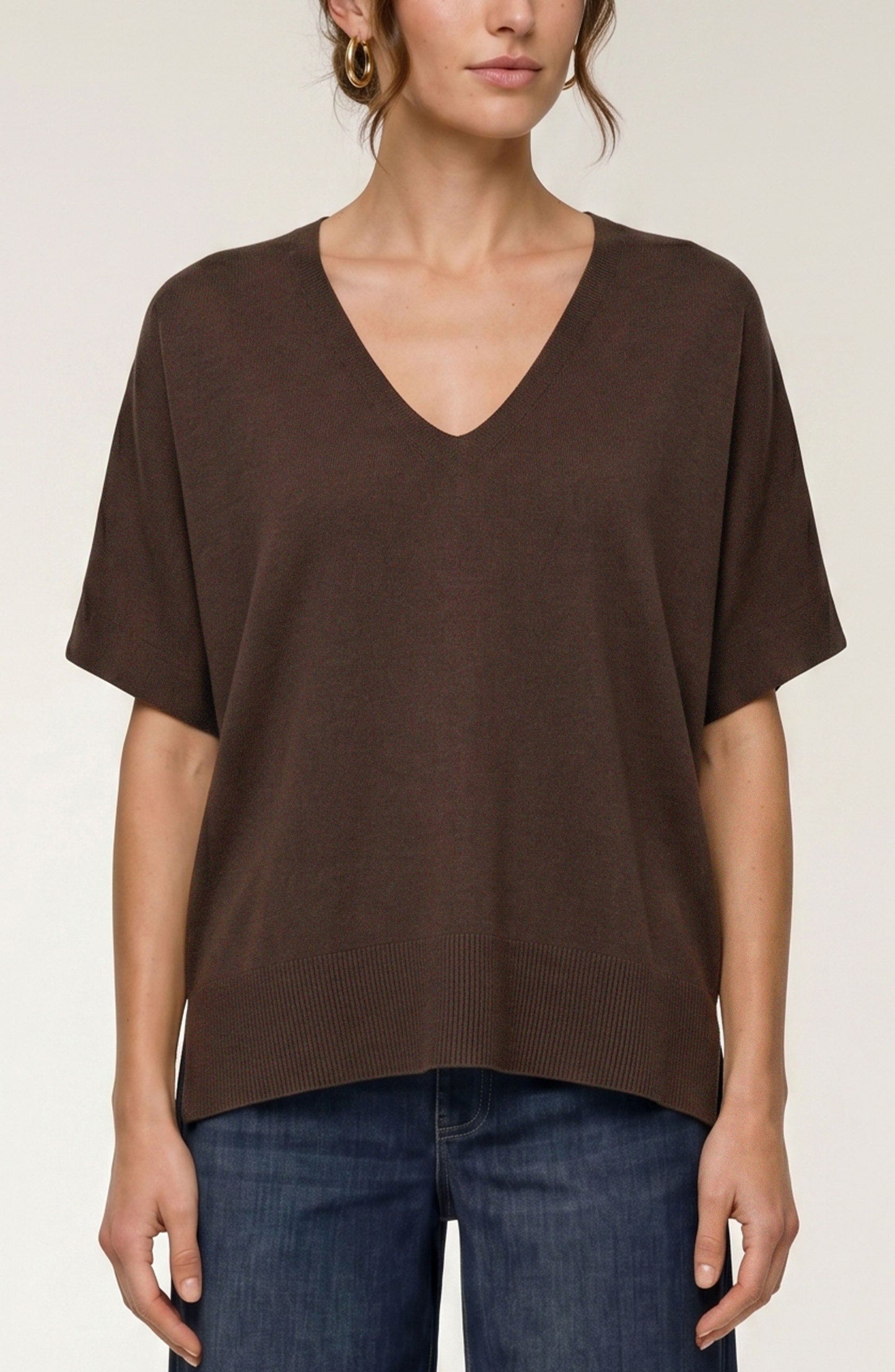 Short Sleeve V-Neck Dolman Popover Sweater w/Step Hem Java