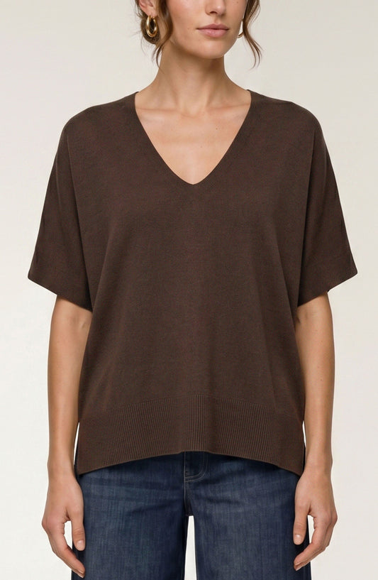 Short Sleeve V-Neck Dolman Popover Sweater w/Step Hem Java