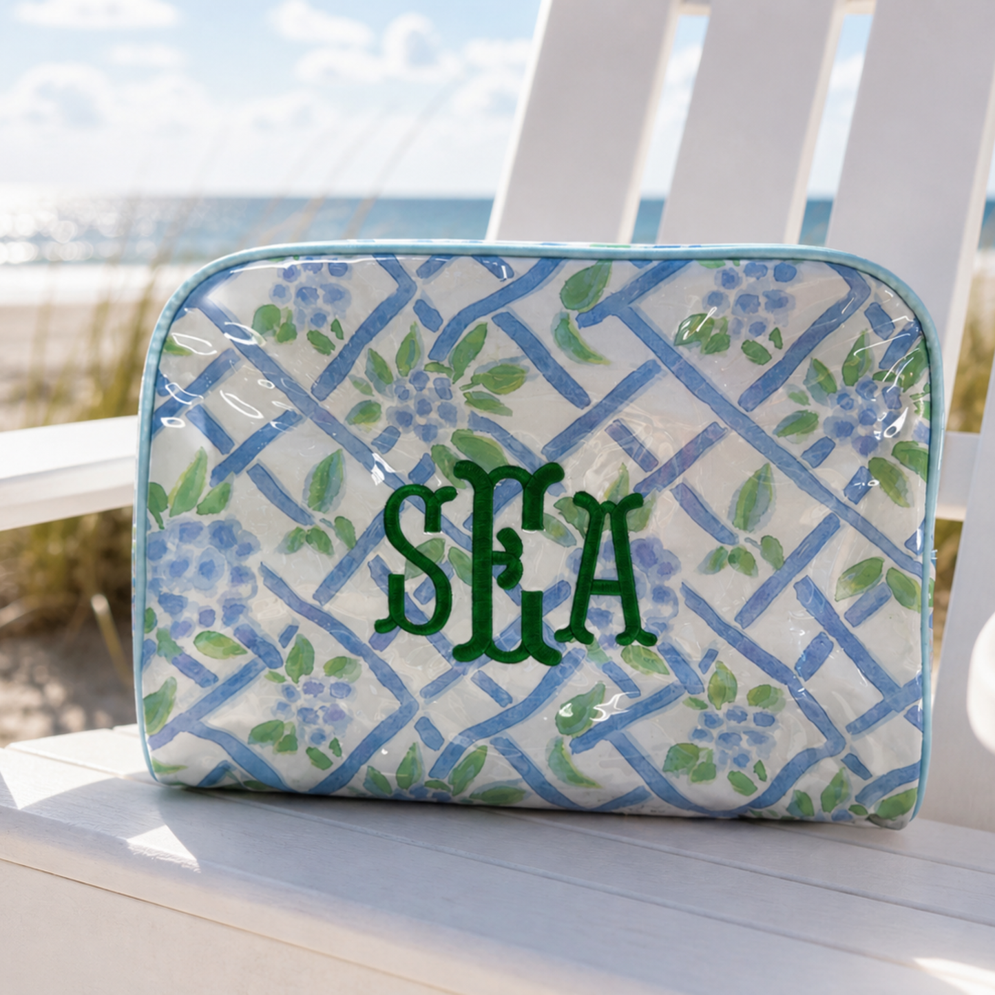 PVC Clear Coat Cosmetic Bag Make up Case Embroidery Blank: Seaside Vineyard