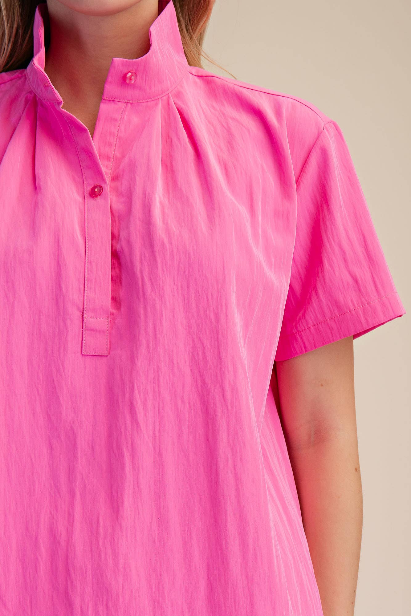 Stand Collar Short Sleeves Shirt: Pink