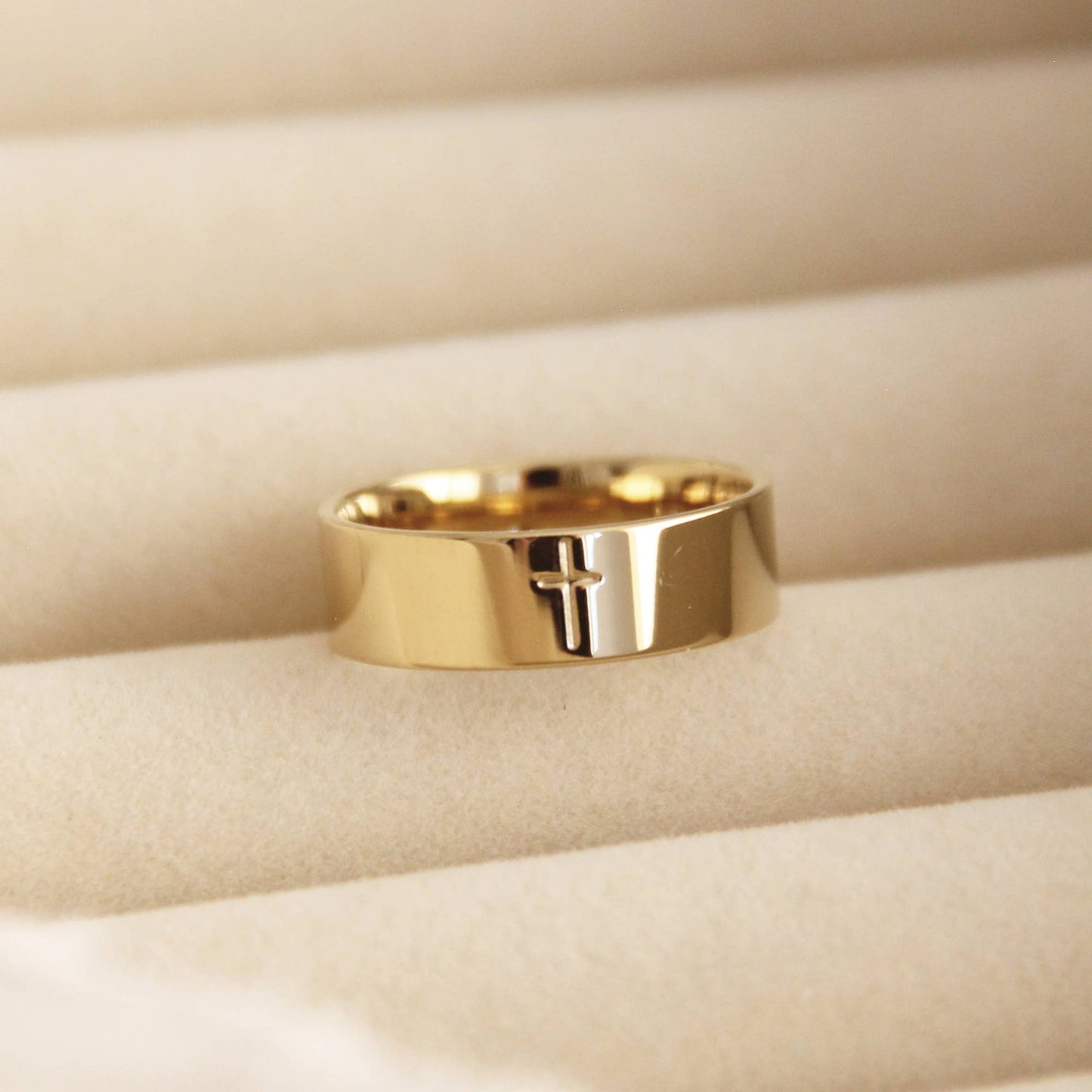 Cross 6mm Band Ring, Wide Cross Ring, Christian Jewelry: Yellow Gold