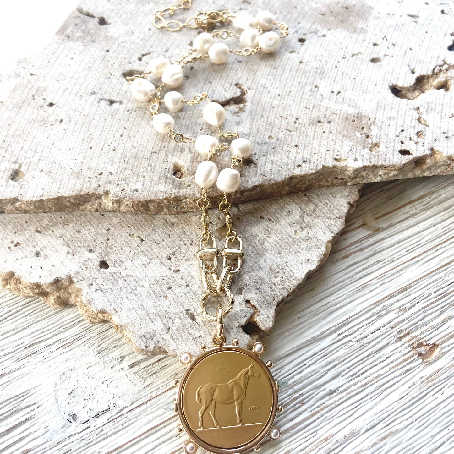 Equestrian Coin Pearl and Gold Necklace