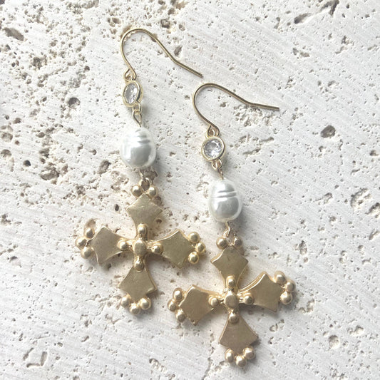 Cross earrings statement earrings French style: Matte gold
