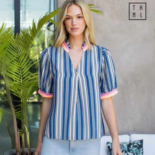 V Neck Striped Top Collar Detail