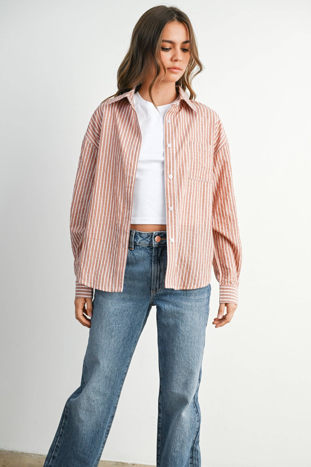 Cropped Striped Button-Up Collared Long Sleeve Top - Brick