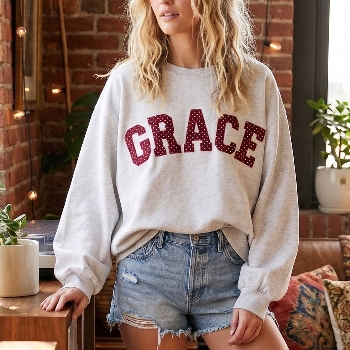 GRACE Polka Dot Letter Patch French Terry Sweatshirt: ASH GREY