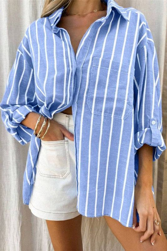 Striped Button-Up T-Shirt: Blue