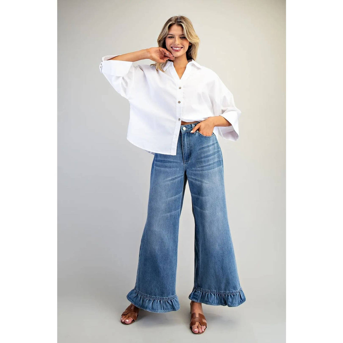 Mineral Washed Ruffle Hem Jeans: Denim