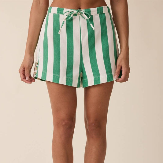Stirped Denim Shorts W/ Drawstring - Green/White